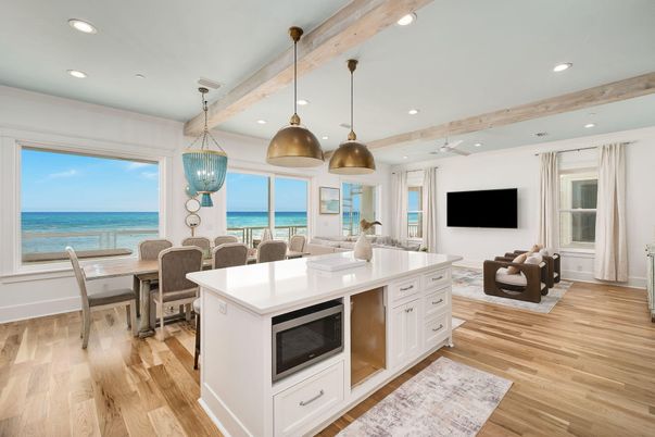 Dining room, Interior, Kitchen, Pendant Lights, Recessed Lighting, Water, Wooden Beams, Wood Texture Flooring
