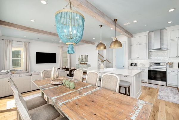 Dining room, Interior, Kitchen, Pendant Lights, Recessed Lighting, Stainless Steel Appliances, Wooden Beams, Wood Texture Flooring