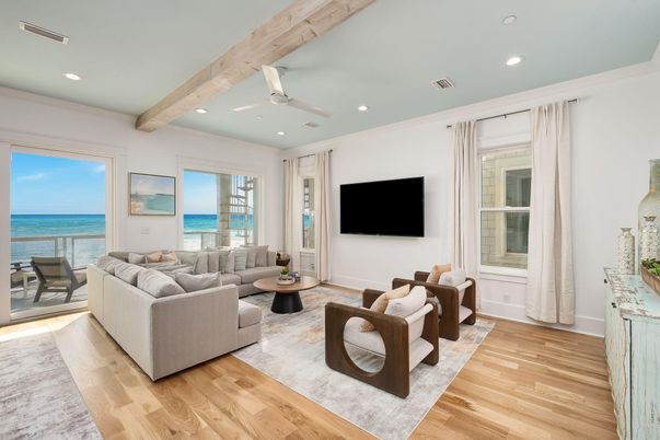 Interior, Living room, Recessed Lighting, Water, Wooden Beams, Wood Texture Flooring