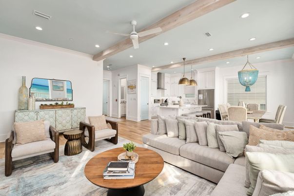 Dining room, Interior, Kitchen, Living room, Pendant Lights, Recessed Lighting, Stainless Steel Appliances, Wooden Beams, Wood Texture Flooring