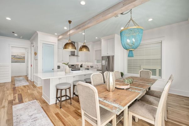 Dining room, Interior, Kitchen, Pendant Lights, Recessed Lighting, Stainless Steel Appliances, Wooden Beams, Wood Texture Flooring
