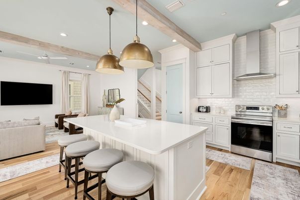 Interior, Kitchen, Pendant Lights, Recessed Lighting, Stainless Steel Appliances, Wooden Beams, Wood Texture Flooring