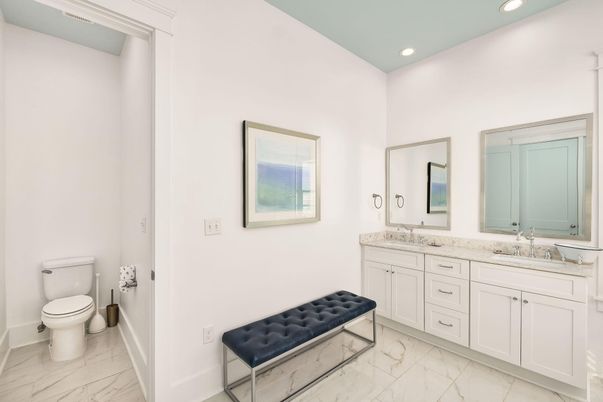 Bathroom, Dual Sink Vanities, Interior, Marble, Recessed Lighting