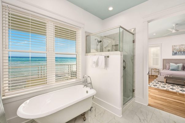 Bathroom, Free Standing Baths, Glass Shower, Interior, Marble, Recessed Lighting, Water, Wood Texture Flooring
