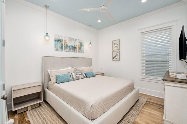 Bedroom, Interior, Pendant Lights, Recessed Lighting, Wood Texture Flooring