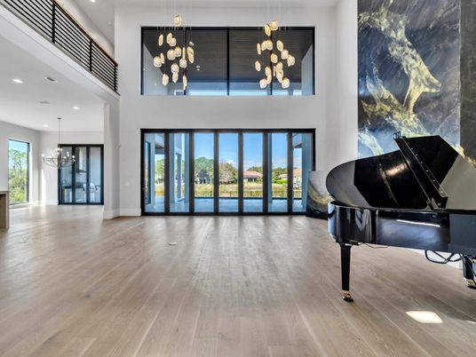 Chandelier, Interior, Pendant Lights, Piano, Recessed Lighting, Wood Texture Flooring