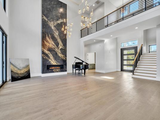 Fireplace, Interior, Pendant Lights, Piano, Recessed Lighting, Wood Texture Flooring