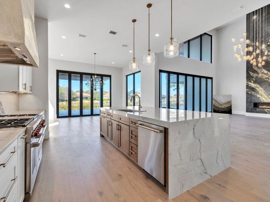 Fireplace, Interior, Kitchen, Pendant Lights, Recessed Lighting, Stainless Steel Appliances, Wood Texture Flooring