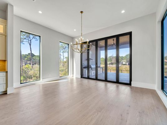 Chandelier, Empty room, Interior, Recessed Lighting, Wood Texture Flooring