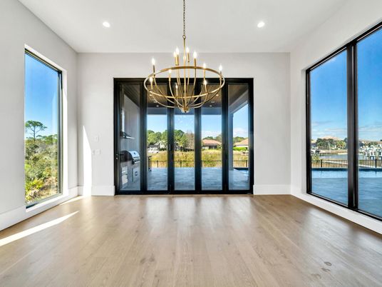 Chandelier, Empty room, Interior, Recessed Lighting, Wood Texture Flooring