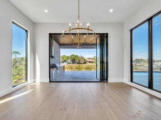 Chandelier, Empty room, Interior, Recessed Lighting, Wood Texture Flooring