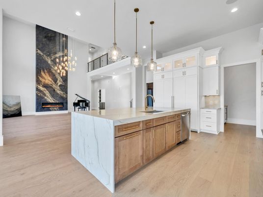 Fireplace, Interior, Kitchen, Pendant Lights, Recessed Lighting, Stainless Steel Appliances, Wood Texture Flooring