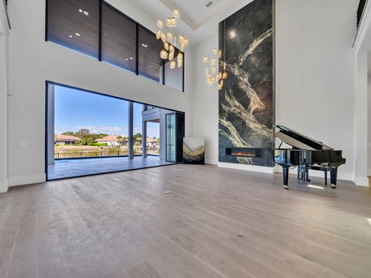 Fireplace, Interior, Pendant Lights, Piano, Recessed Lighting, Wood Texture Flooring