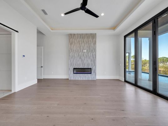 Empty room, Fireplace, Interior, Recessed Lighting, Wood Texture Flooring
