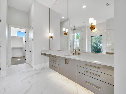 Bathroom, Dual Sink Vanities, Interior, Marble, Marble Walls, Recessed Lighting