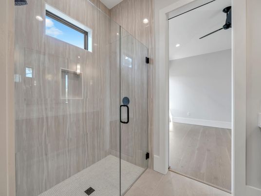Bathroom, Glass Shower, Interior, Recessed Lighting, Wood Texture Flooring