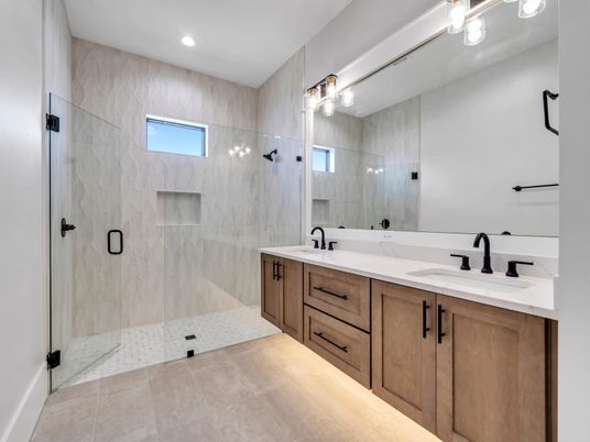 Bathroom, Dual Sink Vanities, Glass Shower, Interior, Recessed Lighting