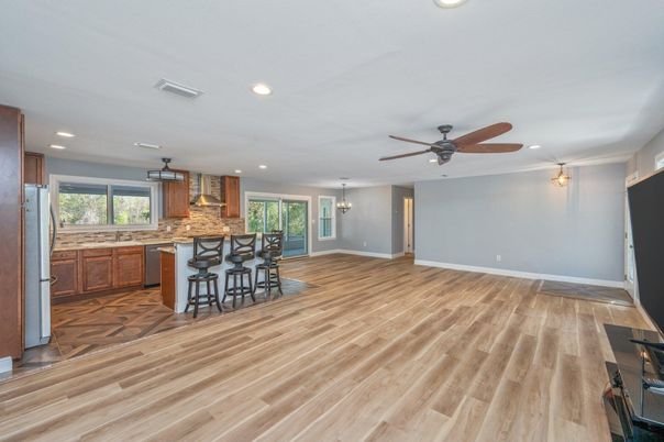 Empty room, Interior, Kitchen, Pendant Lights, Recessed Lighting, Wood Texture Flooring