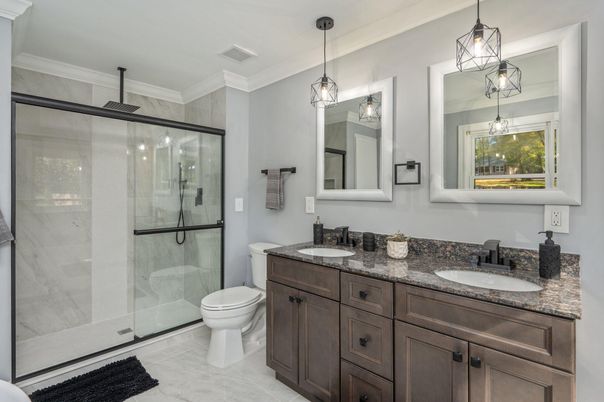 Bathroom, Dual Sink Vanities, Glass Shower, Interior, Pendant Lights