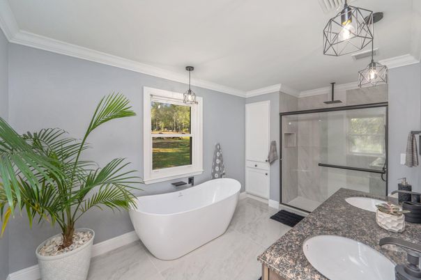 Bathroom, Dual Sink Vanities, Free Standing Baths, Glass Shower, Interior, Marble, Pendant Lights