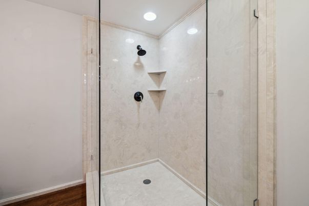 Bathroom, Glass Shower, Interior, Recessed Lighting, Wood Texture Flooring