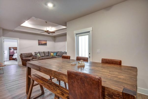 Dining room, Interior, Living room, Recessed Lighting, Wood Texture Flooring