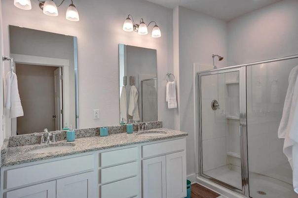 Bathroom, Dual Sink Vanities, Glass Shower, Interior
