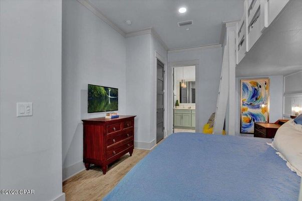 Bedroom, Interior, Recessed Lighting, Wood Texture Flooring