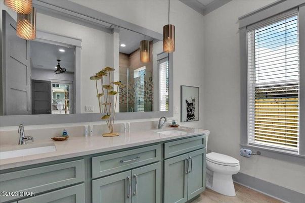 Bathroom, Interior, Pendant Lights, Recessed Lighting, Wood Texture Flooring