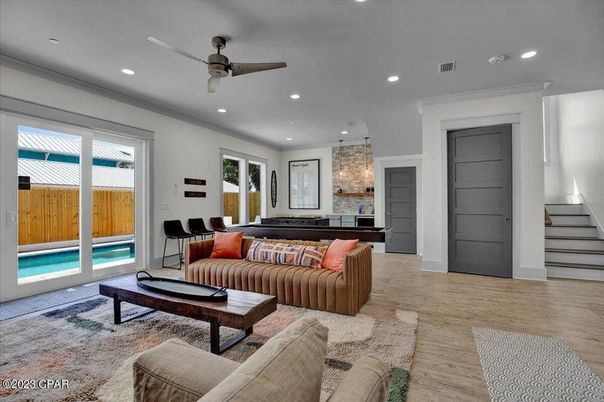 Interior, Living room, Pendant Lights, Recessed Lighting, Stone Walls, Wood Texture Flooring