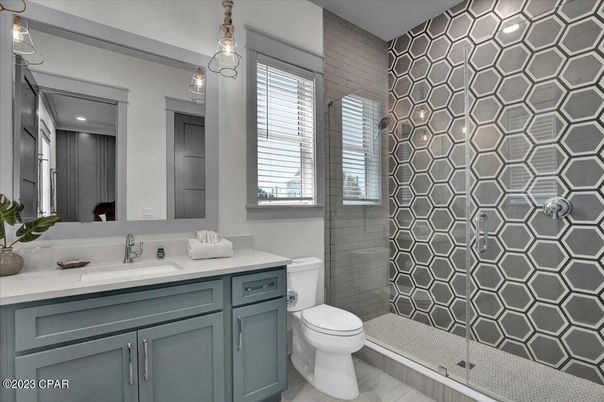 Bathroom, Glass Shower, Interior, Pendant Lights