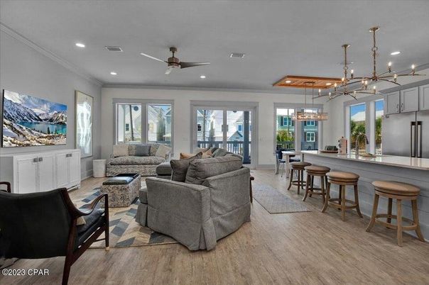 Interior, Kitchen, Living room, Pendant Lights, Recessed Lighting, Wood Texture Flooring