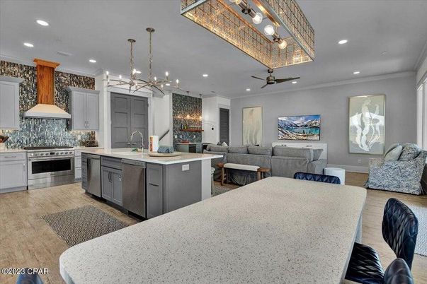 Interior, Kitchen, Living room, Pendant Lights, Recessed Lighting, Stainless Steel Appliances, Wood Texture Flooring