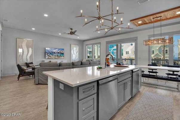 Chandelier, Dining room, Interior, Kitchen, Living room, Pendant Lights, Recessed Lighting, Wood Texture Flooring