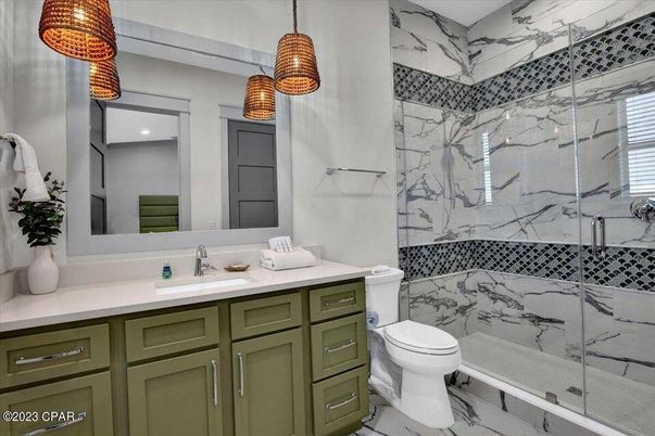 Bathroom, Glass Shower, Interior, Marble, Marble Walls, Pendant Lights