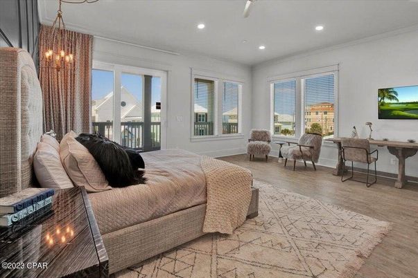 Bedroom, Interior, Pendant Lights, Recessed Lighting, Wood Texture Flooring