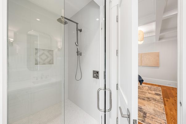 Bathroom, Glass Shower, Interior, Recessed Lighting, Wood Texture Flooring