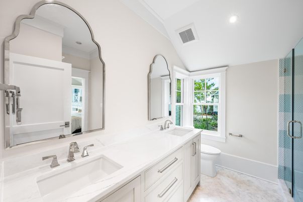Bathroom, Dual Sink Vanities, Glass Shower, Interior, Marble, Recessed Lighting