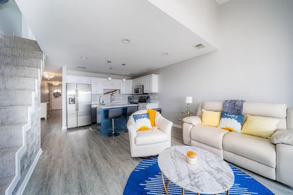 Interior, Kitchen, Living room, Recessed Lighting, Stainless Steel Appliances, Wood Texture Flooring