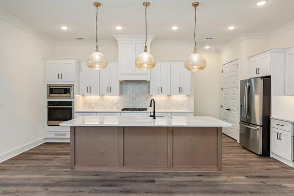 Interior, Kitchen, Pendant Lights, Recessed Lighting, Stainless Steel Appliances, Wood Texture Flooring