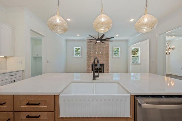 Fireplace, Interior, Kitchen, Pendant Lights, Recessed Lighting, Stone Walls