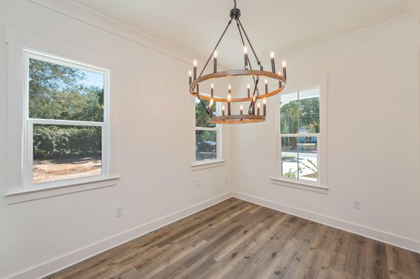 Chandelier, Empty room, Interior, Pendant Lights, Wood Texture Flooring