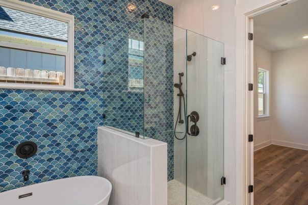 Bathroom, Glass Shower, Interior, Recessed Lighting, Wood Texture Flooring