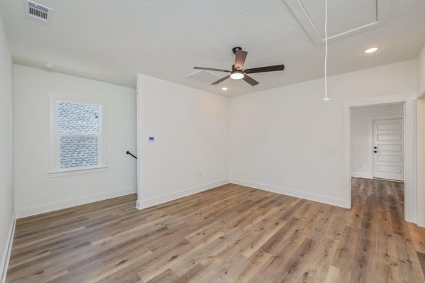 Empty room, Interior, Recessed Lighting, Wood Texture Flooring