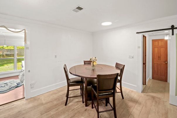 Dining room, Interior, Recessed Lighting, Wood Texture Flooring