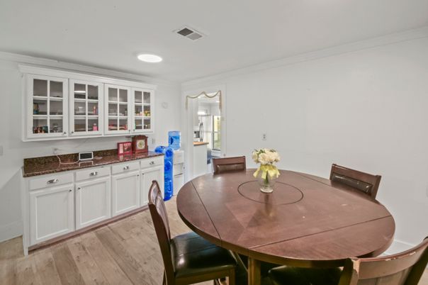 Dining room, Interior, Recessed Lighting, Wood Texture Flooring