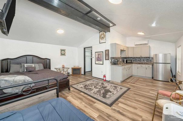 Bedroom, Interior, Kitchen, Recessed Lighting, Stainless Steel Appliances, Wood Texture Flooring