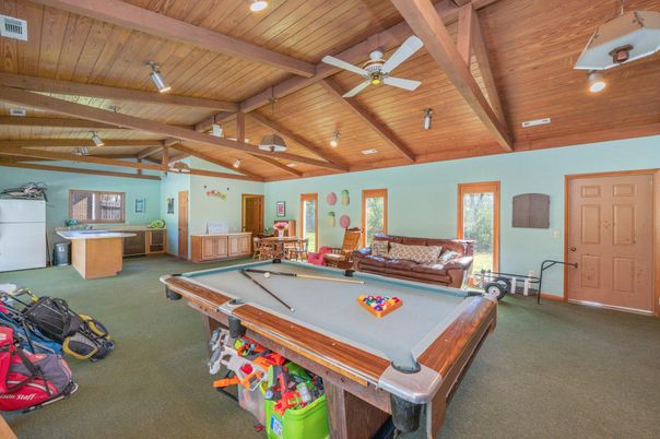 Billiard Table, Game Room, Interior, Living room, Recessed Lighting, Wooden Beams, Wooden Ceilings