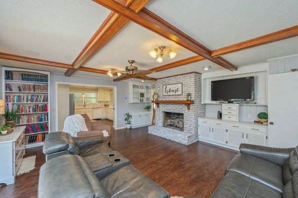 Fireplace, Interior, Living room, Stone Walls, Wooden Beams, Wood Texture Flooring