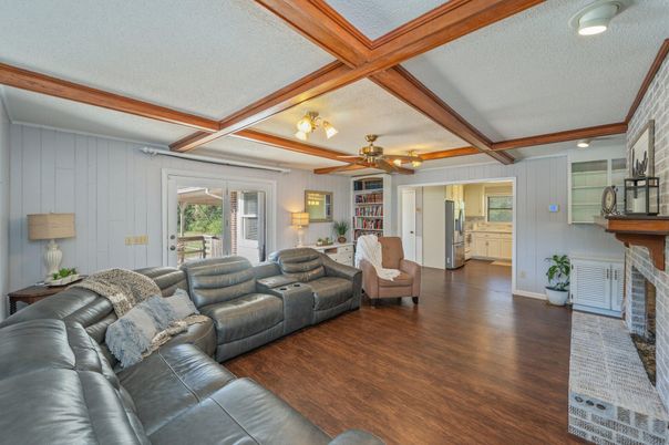 Fireplace, Interior, Living room, Wooden Beams, Wood Texture Flooring